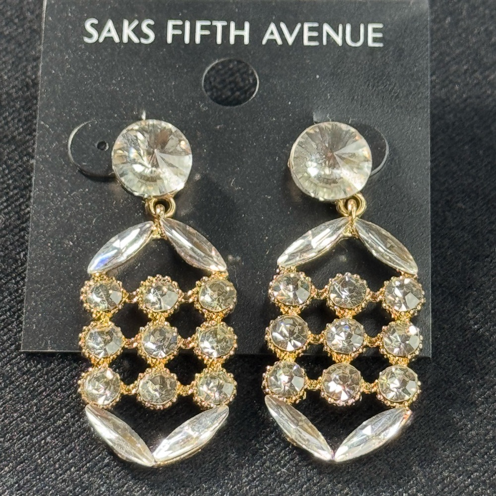 Glamorous Saks Fifth Avenue Crystal Post With Dangle Waffle Design 2in